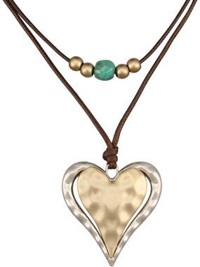 Women's Vintage Two Tone Heart Pendant Necklace Layered Turquoise Bead Choker